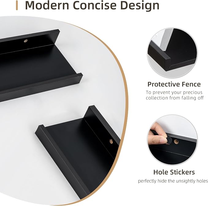 Acovy 24 inch Picture Ledge Shelf, Wood Floating Shelves Set of 4, Black | Wall Mounted, For Living Room Kids' Room Bedroom, Photo Ledge Nursery Book Shelves