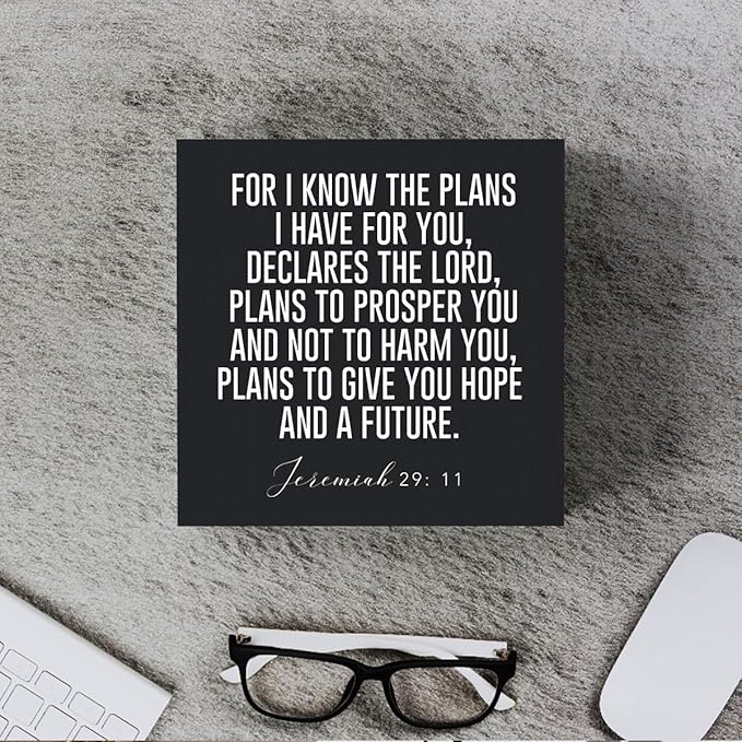 Christian Decor Wood Sign Desk Decor Rustic Motivational Bible Verse Jeremiah 29:11 Black Wooden Box Sign for Home Office Living Room Church Kitchen Bedroom Table Shelf Religious Gifts