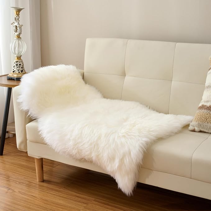 Premium Genuine Sheepskin Area Ruge - Real Wool Fur Shaggy Carpet | Fluffy Soft Natural Lambskin Rug Seat Chair Covers for Couch Sofa Bedroom Living Room(Ivory White,2×3 Feet Sheepskin)