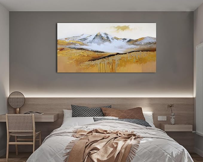 Arjun Textured Mountain Landscape Canvas Wall Art Extra Large 58"x29"- Gold Peak & Misty Valley Painting, Golden Drip Artwork Large Framed Picture Prints for Living Room Bedroom Home Office Wall Decor
