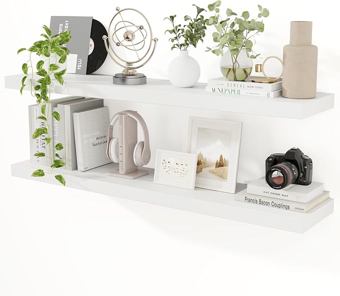 Floating Shelves for Wall, 48 inch Extra Long White Floating Shelves, 9.3in Deep Wall Floating Shelf for Living Room, Bathroom, Kitchen, Office, Floating TV Stand, Fireplace Mantel, 2 Packs