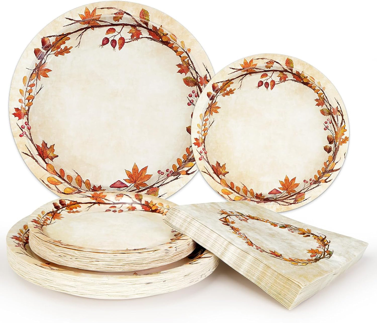 Homlouue 200 Pcs Fall Paper Plates and Napkins, Watercolor Disposable Dinnerware Set, Autumn Leaves Thanksgiving Party Supplies, Serve 50 Guests