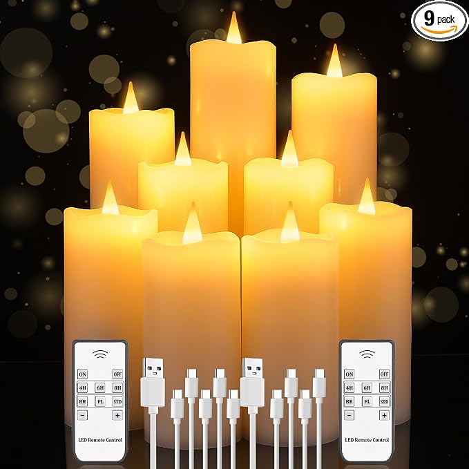 Real Wax Rechargeable LED Flameless Candles with Remote and Timer,USB Flickering White Pillar Candles-9 Pack for Home Decor Halloween Christmas Decor