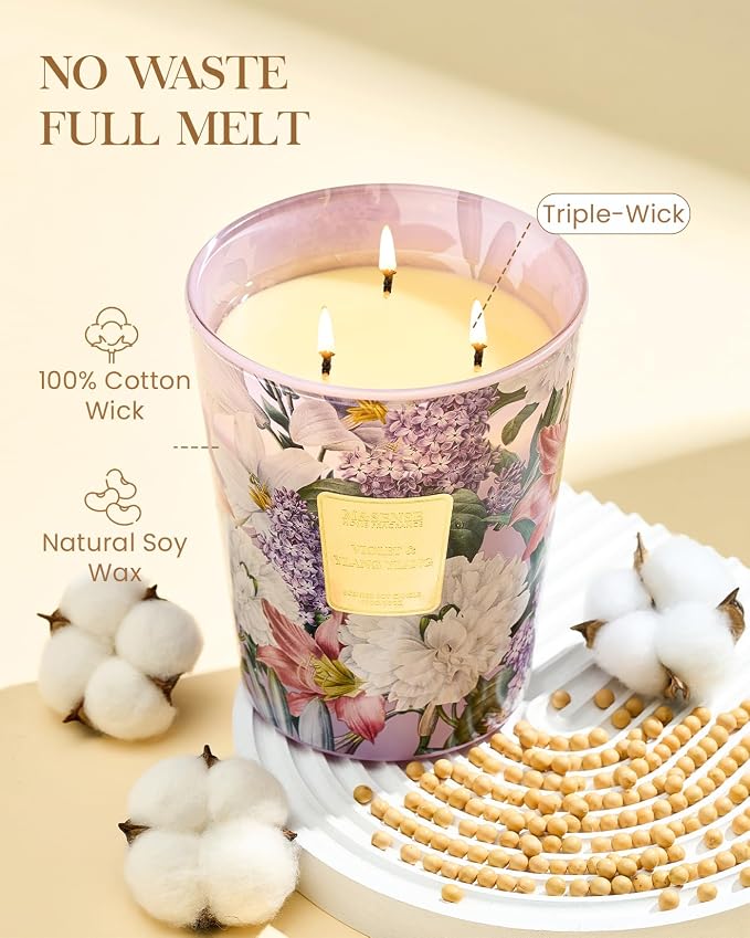 M&SENSE Violet Ylang Ylang Soy Candle, 35oz 3-Wick, Floral Calm Self Care | 150H Long Burn, Non-Toxic, Large Jar, Meditation Room, Bathtub Spa, Stress Relief, Relaxation, Herbal Peace