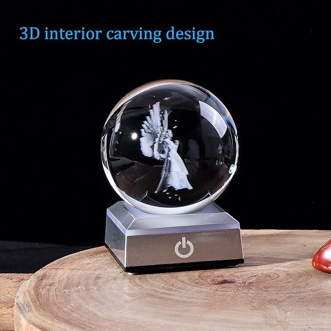 3D Guardian Angel Figurines K9 Crystal Ball with Silver LED Base Memorial Angel Gifts for Friends Women Glass Decor for Home (3.15 in.)