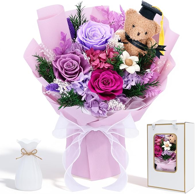 “So Proud of You”Preserved Purple Bouquet with Graduation Bear in Cap Gown | Real Eternal Flowers with Vase