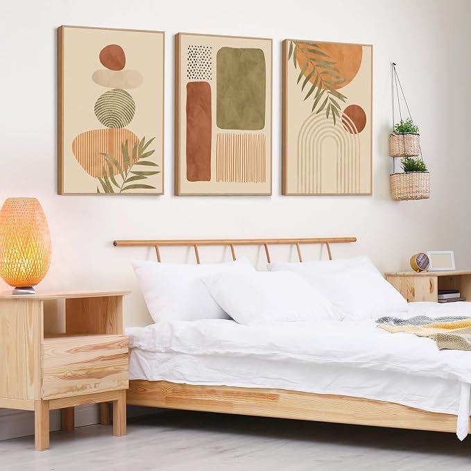 LHIUEM Boho Abstract Sage Framed Canvas Wall Art,Bohemian Neutral Wall Decor,Mid Century Beige Painting,Natural Minimalist Line Artwork for Living Room,Bedroom,Dining Room -24"x36"x3
