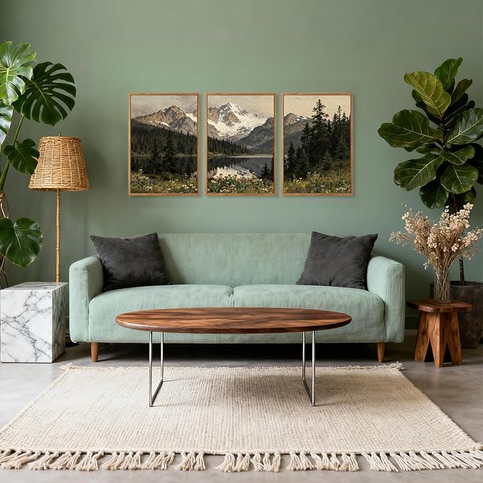 TOARTi Large Framed Snowy Mountain Forest Canvas Wall Art Set,Woodland Forest Lake Landscape Wall Decor,Modern Natural Green Wildflower Art Prints for Farmhouse Living Room Bedroom Office-16”x24”x3