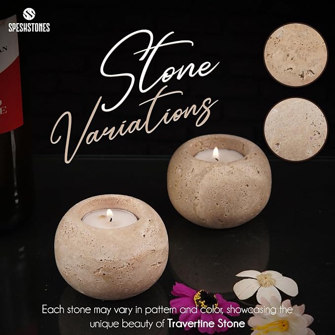 Marble Tealight Candle Holders 3 Inch Travertine Votive Candles Holder for Dining Table Centerpiece Decor - Small Tea Lights Set of 2 for Gifts for her