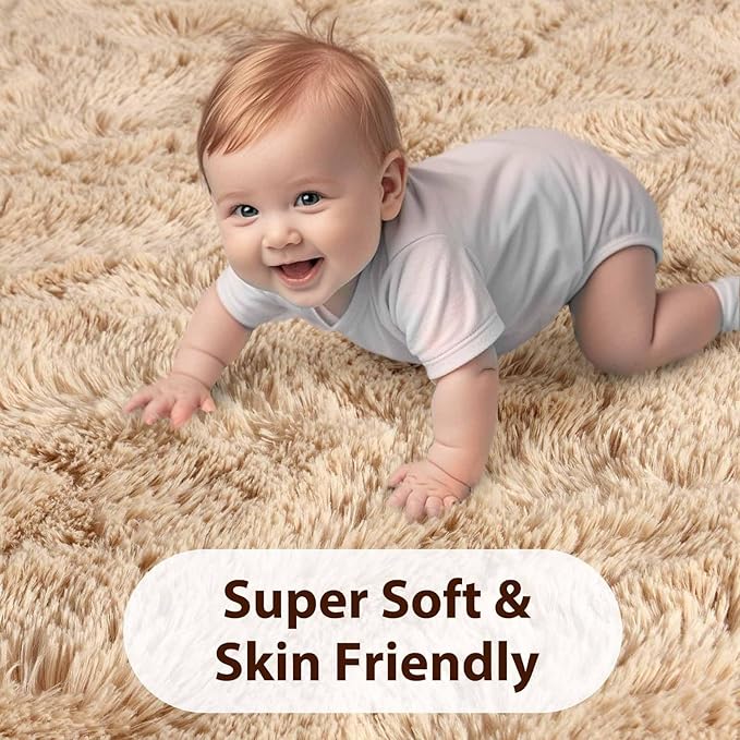 FinRèc Tan Rugs for Bedroom Living Room, 5x8 Feet Fluffy Plush Area Rug, Non-Slip High Pile Shaggy Rug for Kids Room Dorm Room Home Decor, Indoor Solid Shag Floor Carpet