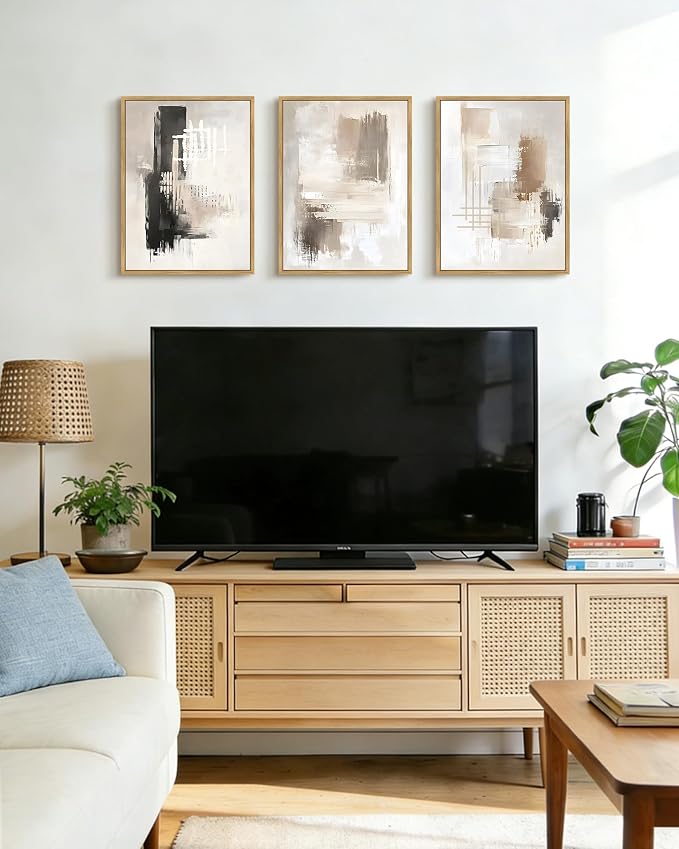 PHOPAGO Abstract Framed Wall Art Mid Century Modern Minimalist Beige Pastel Watercolor Neutral Wall Decor for Living Room Bedroom - 12x16in Natural Framed