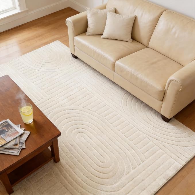 5x7 Geometric Solid Beige Area Rug – Washable, Durable Non-Slip Indoor Carpet with Soft High-Low Pile, Fluffy Floor Rugs for Living Room, Bedroom, Bedside, Kids Room, Nursery,Home Office Décor