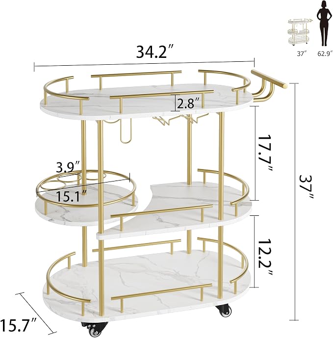CABIHOME Gold 3-Tier Rotating Bar Cart with Wheels, Modern Serving Cart for Kitchen, Living Room, Dining Room