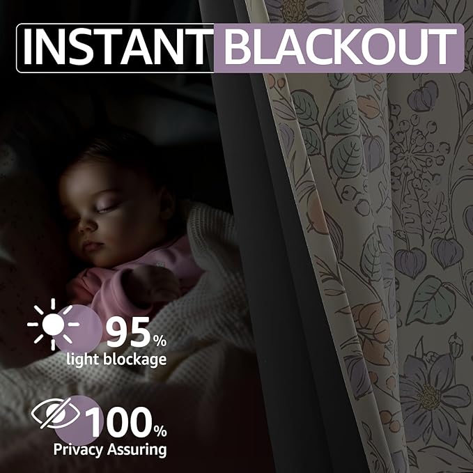 jinchan Nursery Curtains 95% Blackout Purple Floral Curtains for Girls Room, 96 Inch Length Farmhouse Drapes for Bedroom Living Room Darkening Window Treatment Grommet Top Set of 2 Panels
