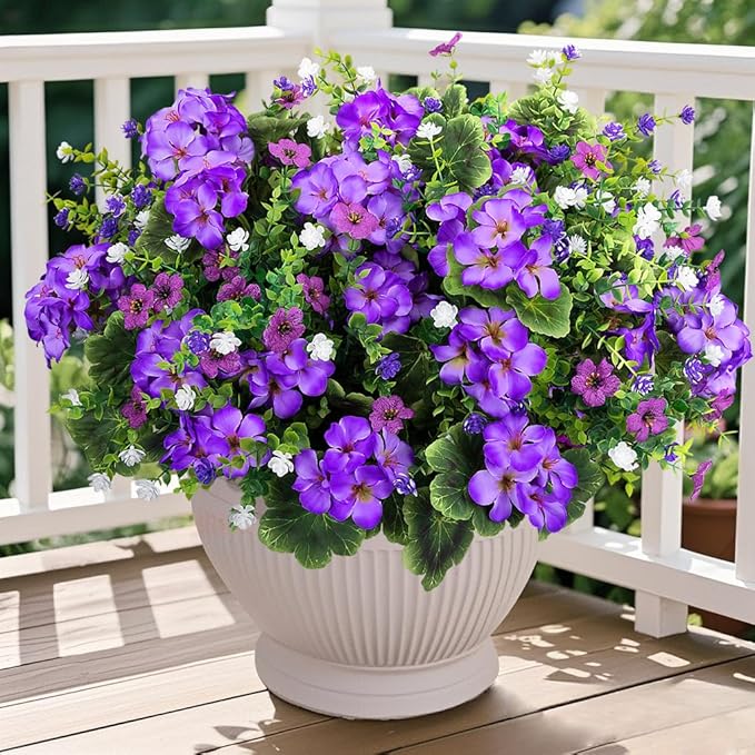 Ouddy Decor 18'' Artificial Geraniums Flowers for Outdoors, 10 Bundles Mixed Fake Silk Flowers Plastic Plants UV Resistant for Summer Garden Porch Patio Planter Kitchen Table Home Decor, Purple