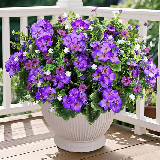 Ouddy Decor 18'' Artificial Geraniums Flowers for Outdoors, 10 Bundles Mixed Fake Silk Flowers Plastic Plants UV Resistant for Summer Garden Porch Patio Planter Kitchen Table Home Decor, Purple