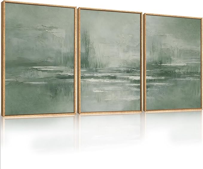 HPNIUB Large Abstract Sage Green Framed Canvas Wall Art Set,Vintage Neutral Brush Stroke Wall Decor, Minimalist Lake Landscape Artwork for Living Room,Bedroom,Office-24 x36 x3
