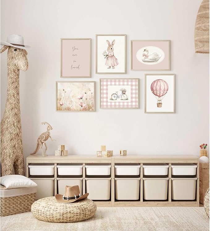 Pink Nursery Wall Art Decor Baby Girl Room Pictures Vintage Nursery Canvas Wall Decor Bunny Prints Floral Swan Poster Cute Rabbit Painting Artwork for Toddler Girls Bedroom 8x10x6 Inch Wood Framed