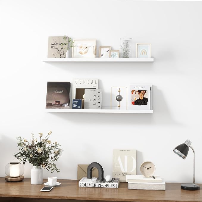 Acovy Picture Ledge Shelf, Wood Floating Shelves, 36 inch, White, Set of 2 | Photo Ledge, Wall Mounted, For Nursery Book Living Room Kids' Room Bedroom