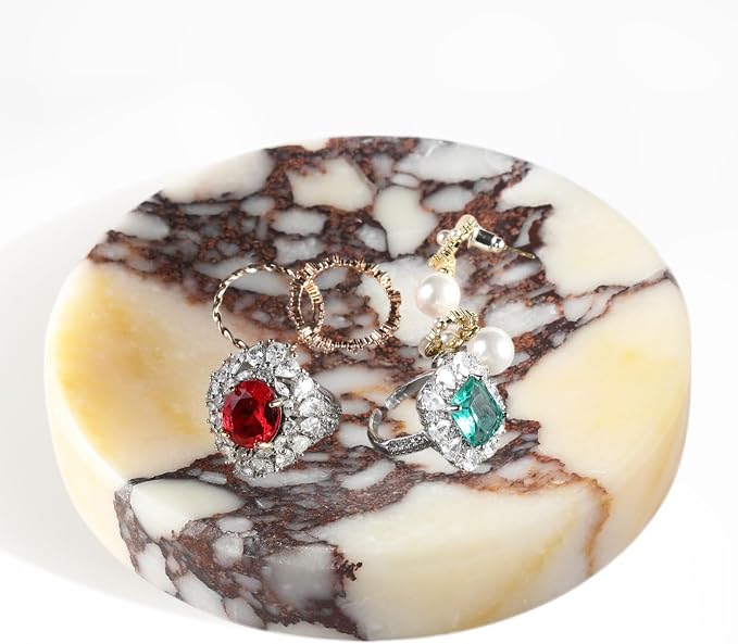 Koville Marble Jewelry Dish, Small Round Trinket Dish for Ring Necklace Earring, 4" Decorative Dish, Natural Stone Soap Dish for Bathroom Kitchen
