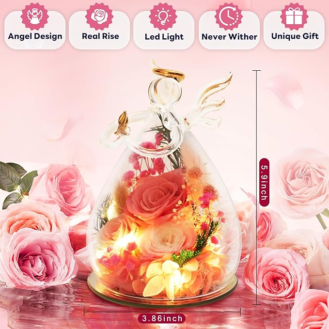 Pink Preserved Rose in Glass Angel, Sweet Birthday Gifts for Daughter Sister Girl Best Friend, Real Flower Friendship Mothers Day Presents