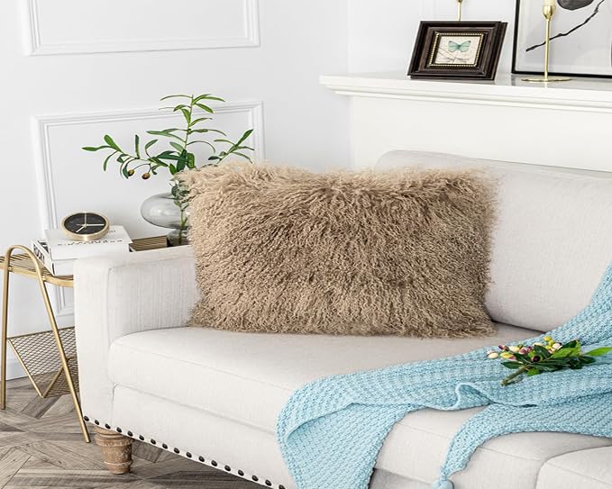 Mongolian Lamb Fur Throw Pillow Cover (12'' x 20'', Khaki) Sheep Fur Decorative Cushion Cover Case Home Decorative Square Throw Pillow Cover Plain Wool Pillow Protector