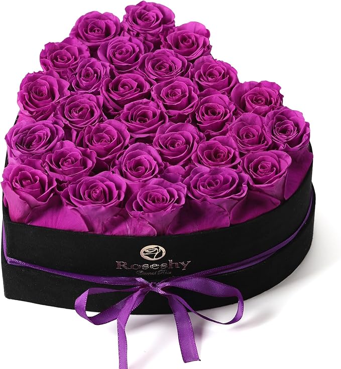 Valentines Day Flowers Roses Gifts for Her,28pcs Purple Forever Preserved Roses in Heart Shape Gift Box,Valentines Day Delivery Prime Gifts-Roses Gifts for Women,Mom.