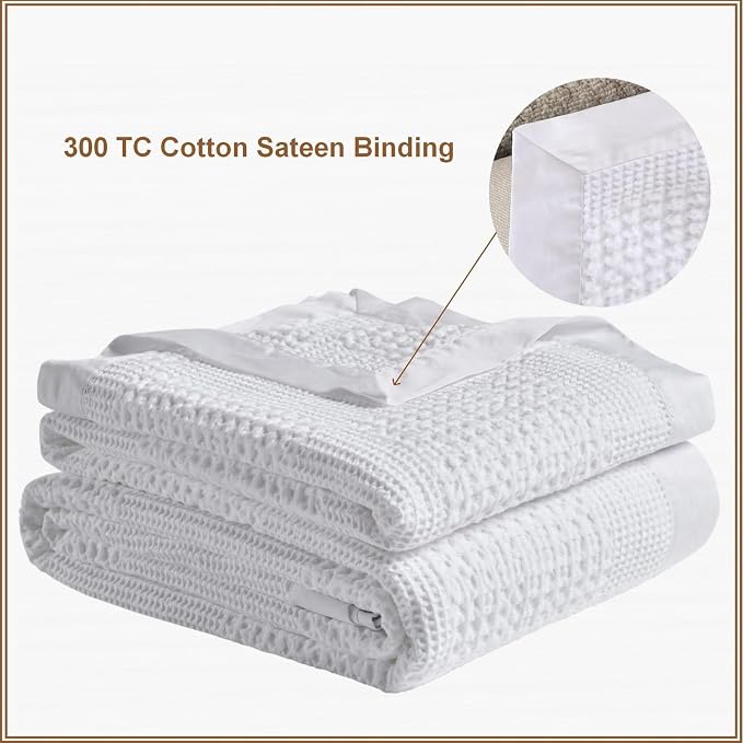 meadow park Cotton Waffle Blanket with Cotton Sateen Binding - Full/Queen Size - Lightweight and Breathable - Washed Waffle Throw - White Color.