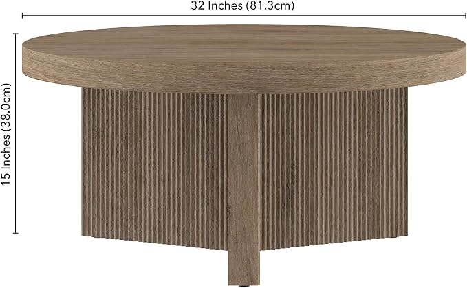 Henn&Hart 32" Fluted Round Low-Profile Coffee Table with Ribbed Pedestal Base for Living Room, Family Room, Office, or Apartment, Weathered Gray
