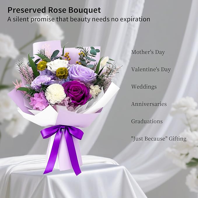 FNCHAI Forever Flowers Bouquet, Real Preserved Roses in Box for Delivery, Perfect for Valentine's Day, Anniversary, Graduation, Birthday Gift for Her or Him (purple)