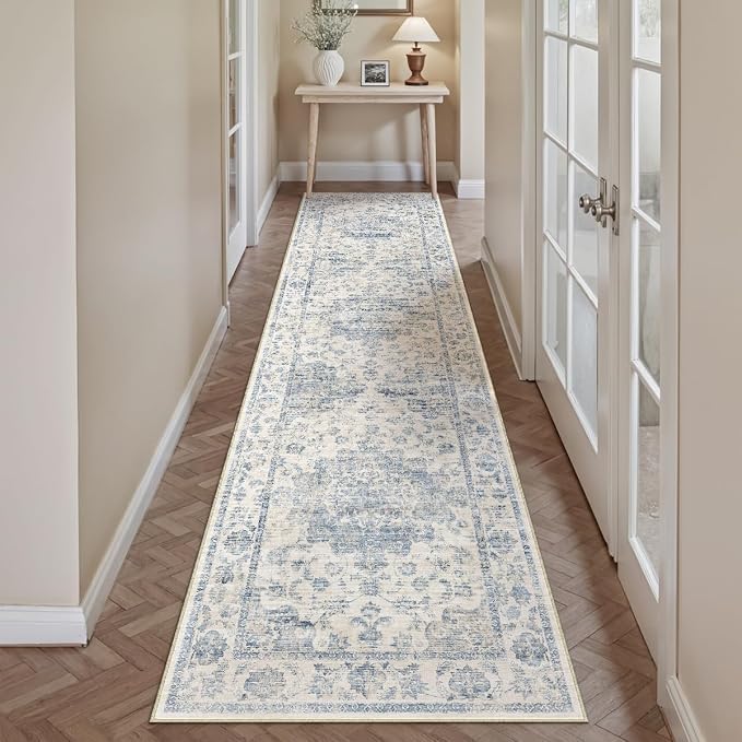 2x10 Washable Neutral Runner Rug Blue Vintage Hallway Kitchen Carpet Non-Slip Soft Low Pile Farmhouse Throw Rug for Bedroom Bathroom Laundry Living Room