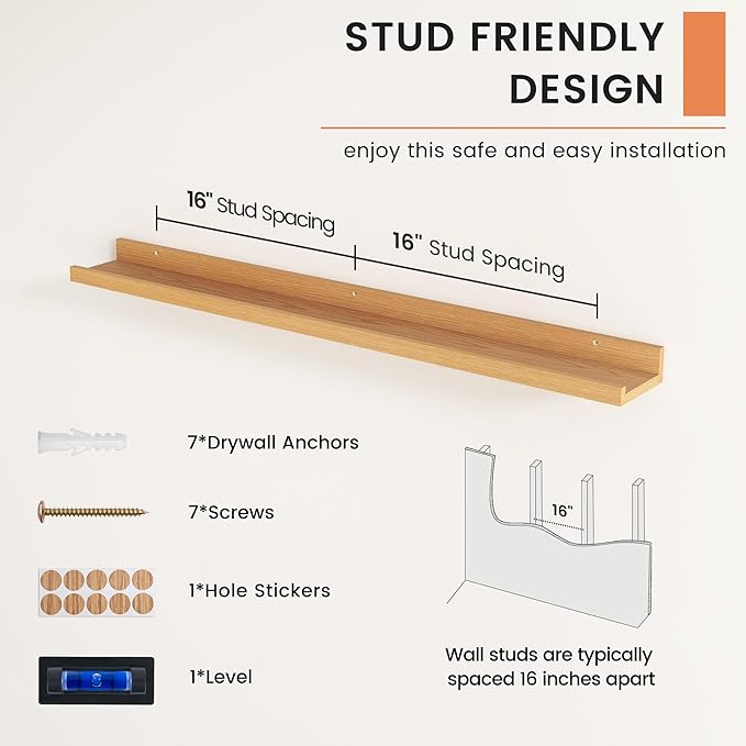 FLYJOE Picture Ledge Shelf, Floating Shelves Set of 2, 40 Inches Nursery Book Shelves for Toys Storage, Kids Bookshelf Wall Mounted for Living Room Bedroom Decor Books Photo Frames, Natural Oak