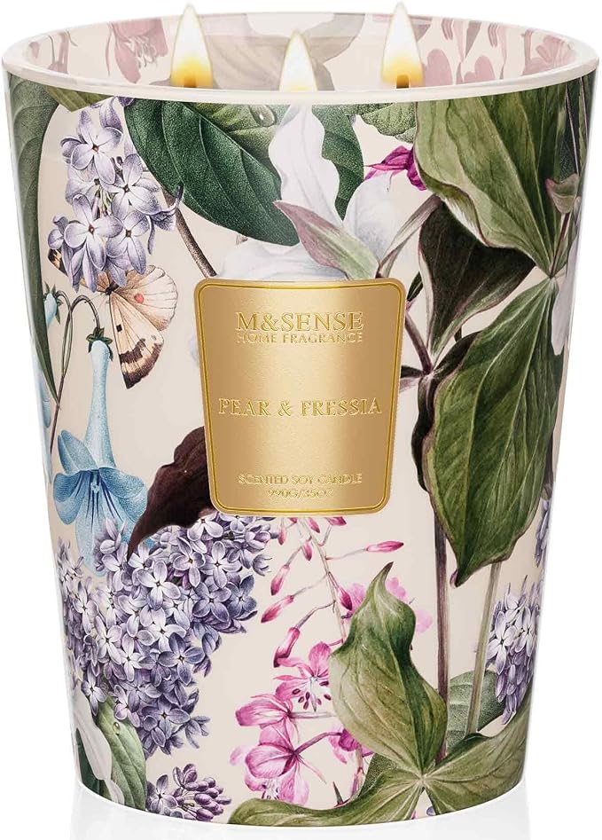 M&SENSE Pear Freesia Soy Candle, 35oz 3-Wick, Summer Gift for Women | 150H Long Burn, Non-Toxic, Large Jar, Living Room Fresh, Stress Relief Relaxing Housewarming Gift