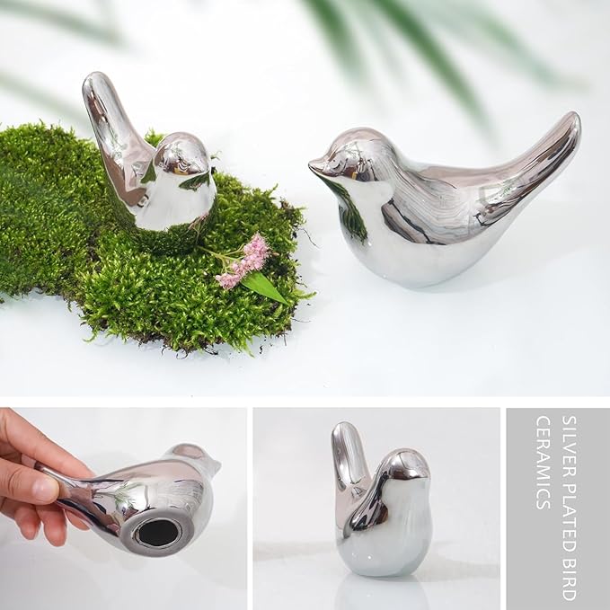 2 Pcs Ceramic Small Bird Figurines Modern Animal Statues for Home 、Room Decor and Bedroom Decor and Bookshelf Display (Silver)