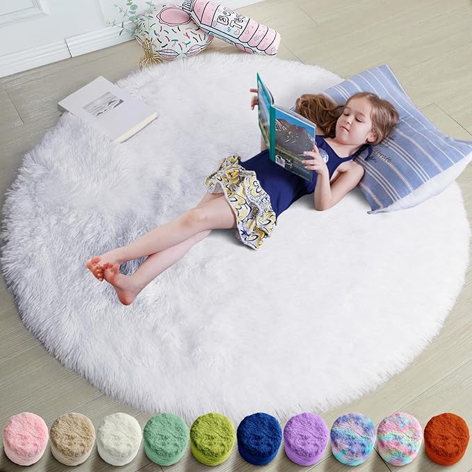 Round Rugs 5Ft White Circle Area Rug, Fluffy Fuzzy Bedroom Carpets for Kids Playroom Home Decor Aesthetic, Plush Soft Shaggy Living Room Rugs for Nursery Dorm Classroom, Modern Cute Shag Furry Carpet
