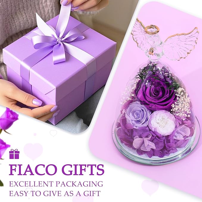 FIACO Gifts for Mom Women Birthday Preserved Rose in Glass Angel Figurine Forever Fresh Flower for Delivery, Mothers Day Flowers Gifts for Grandma Wife Daughter Friends