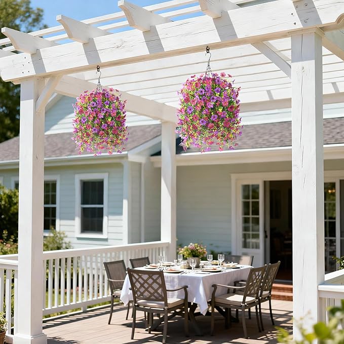 Artificial Flowers Hanging Baskets, 4 Bundles Outdoor Hanging Basket Spring Summer Decoration, No Fade Realistic Fake Flowers Plants for Porch Patio Balcony Home Yard Decor(Light Purple Red)