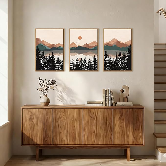 KAIRNE Boho Mountain Sunset Framed Canvas Wall Art Set,Colorful Mid Century Forest Wall Decor,Beige Nature Pine Tree Art Prints,Abstract Modern Landscape Artwork for Living Room,Bedroom,Farmhouse,Office-16"x24"x3