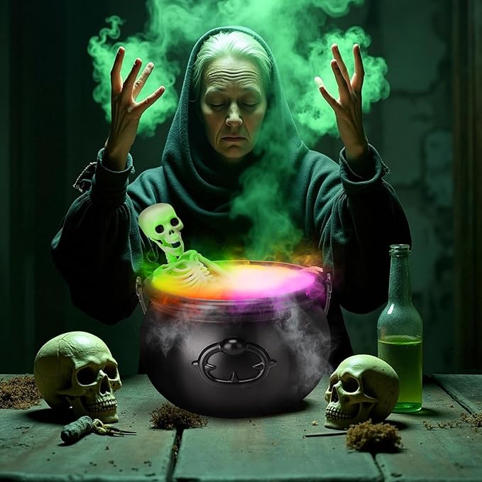 Halloween Decorations Indoor - Witch Cauldron with LED Fog Maker & Poseable Skeleton - Spooky Hocus Pocus Party Decor for Home, Table, Mantel, Kitchen - Vintage Magic Brew Cauldron Set