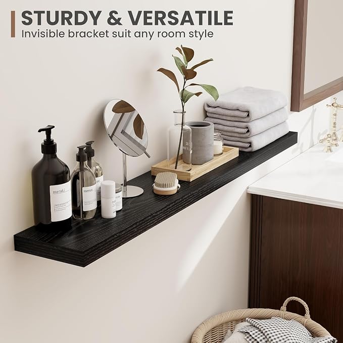 Acovy 48 Inch Floating Shelves, 8 Inch Deep Floating Shelves for Wall, Hanging Shelf with Invisible Brackets, Deep Shelves for Bathroom, Bedroom, Living Room, Black, Set of 2