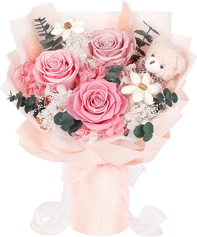 Preserved Flowers Bouquet with Bear, 3 Real Forever Flowers for Delivery, Long-Lasting Pink Eteranl Roses Bouquet, Mothers Day Gifts for Mom Grandma, Anniversary Birthday Gifts for Women Girlfriend