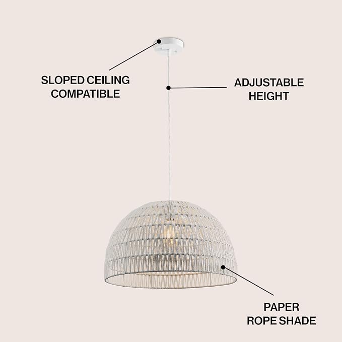 JONATHAN Y 20" White Modern Bohemian Woven Rope LED Pendant Light Fixture, Adjustable Dome Ceiling Lamp for Kitchen Island, Rope Shade, Coastal Farmhouse Decor (JYL6504E)