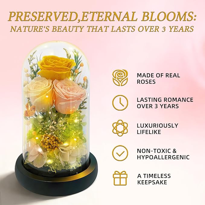 HipTree Preserved Yellow Rose in Glass Dome with LED Lights - Forever Eternal Real Rose Gifts for Women, Valentines Day Mothers Day Birthday Christmas Gift Wedding Anniversary for Mom Wife Girlfriend
