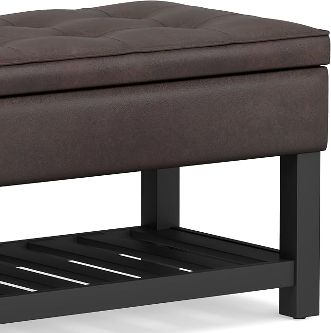 SIMPLIHOME Cosmopolitan Storage Ottoman Bench - 44 inch Wide Upholstered Vegan Leather Rectangle Storage Ottoman in Distressed Brown, Transitional Bench for Bedroom with Tufted Lift-Top and Open Shelf