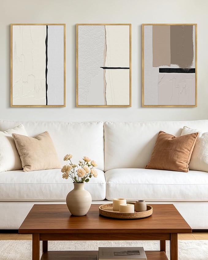 PHOPAGO Neutral Abstract Framed Wall Art Large 16x24in Beige Mid Century Textured Wall Decor Minimalist Modern Illustrations Prints for Ding Room Bedroom Decor - Natural Framed