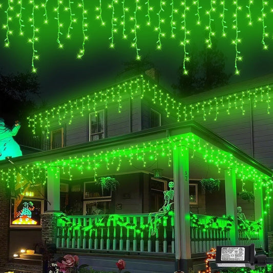 QITONG Green Icicle Lights for Outside, 33ft 400 LED Halloween Light Plug in with 8 Modes, Clear Wire Connectable Christmas Lights Indoor with 80 Drops