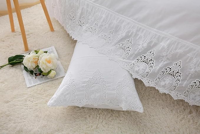 2-Pack White Cutouts Lace Pillowcases Battenburg Openwork Laced Pillow Shams French Luxury Elegant Look 100% Cotton King Size
