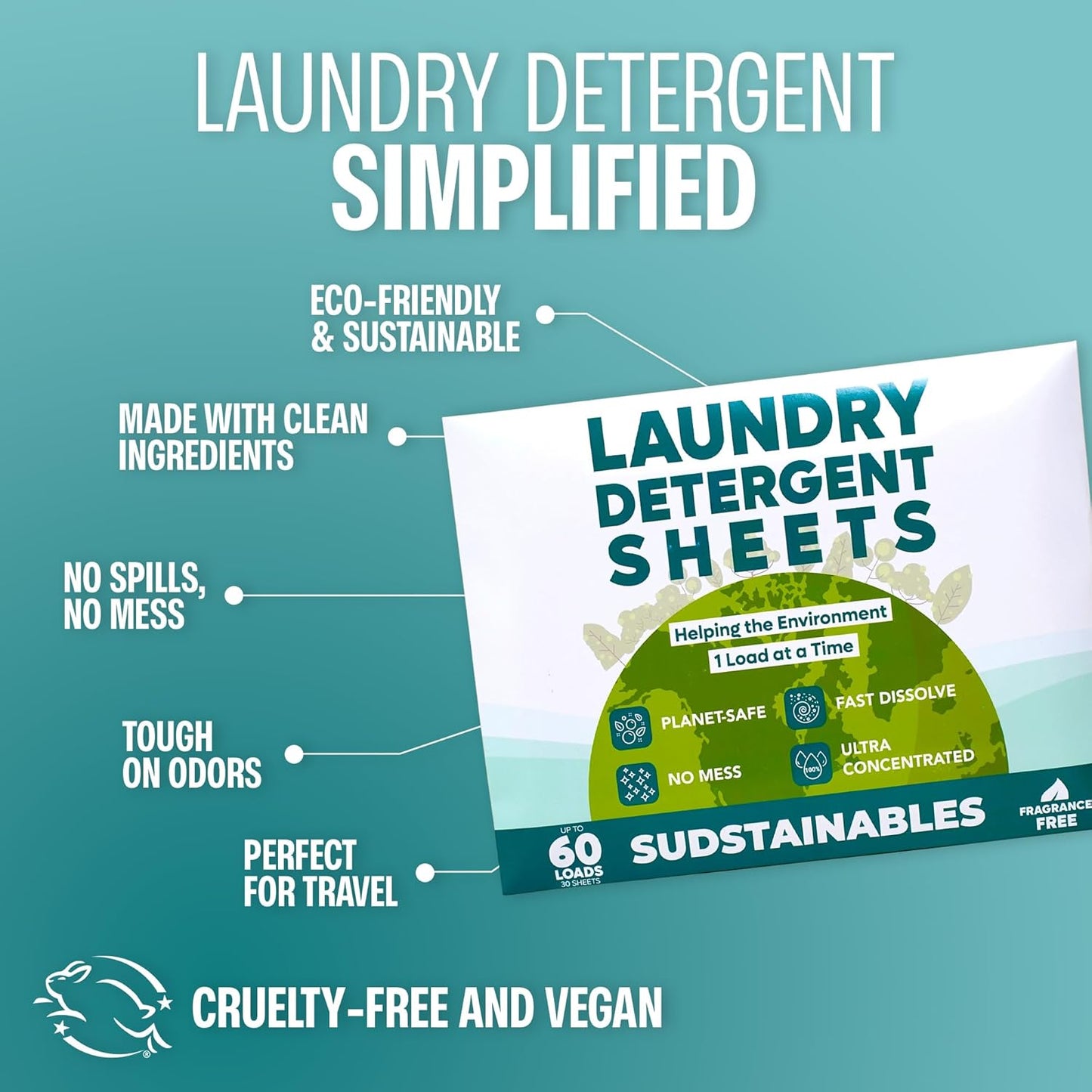 Sudstainables Laundry Detergent Sheets (60 Loads) – Eco-Friendly, Zero Waste, Plastic-Free Laundry Washing Machines Soap Sheets; Dissolvable, Space-Saving Strips for Travel (Unscented)