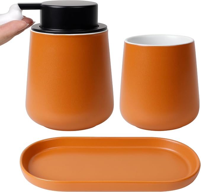 BosilunLife Ceramic Bathroom Accessories Set 3 Pcs, Foaming Soap Dispenser and Toothbrush Holder with Tray, Modern Farmhouse Vanity Decor, Orange Housewarming Gift