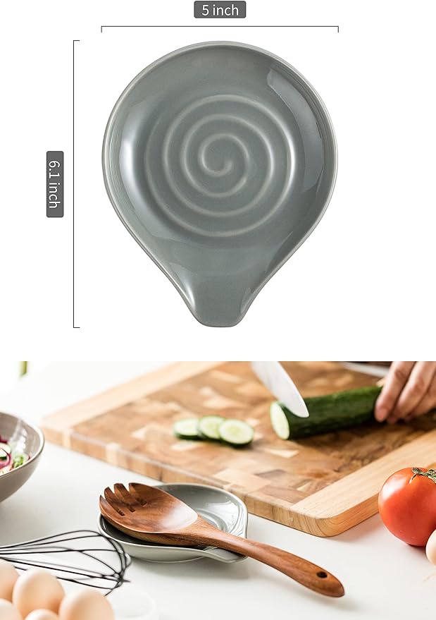 LAUCHUH Spoon Rest, 5 inch Large Spoon Holder for Stove Top Heat-Resistant Ceramic Spoon Rest for Kitchen Counter, Spoons, Ladles, Tongs, Farmhouse Kitchen Decor, Spatula Holder Set of 2, Grey